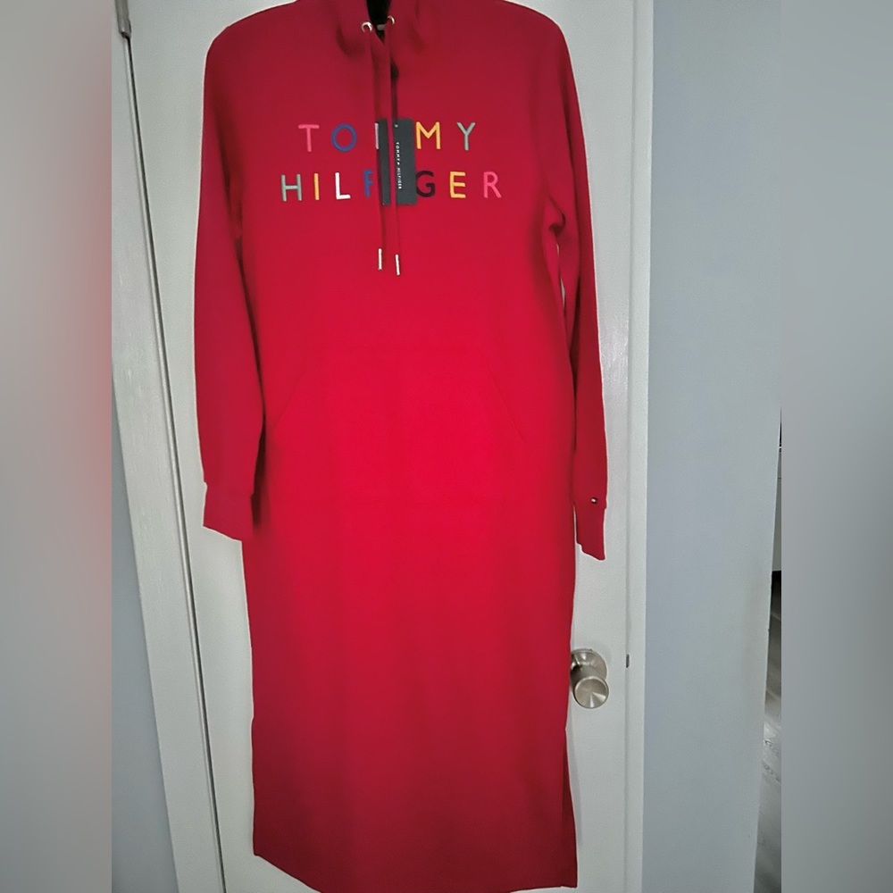 Tommy Hilfiger Signature Red Long Sweatshirt Dress Long Sleeves NWT Size Small